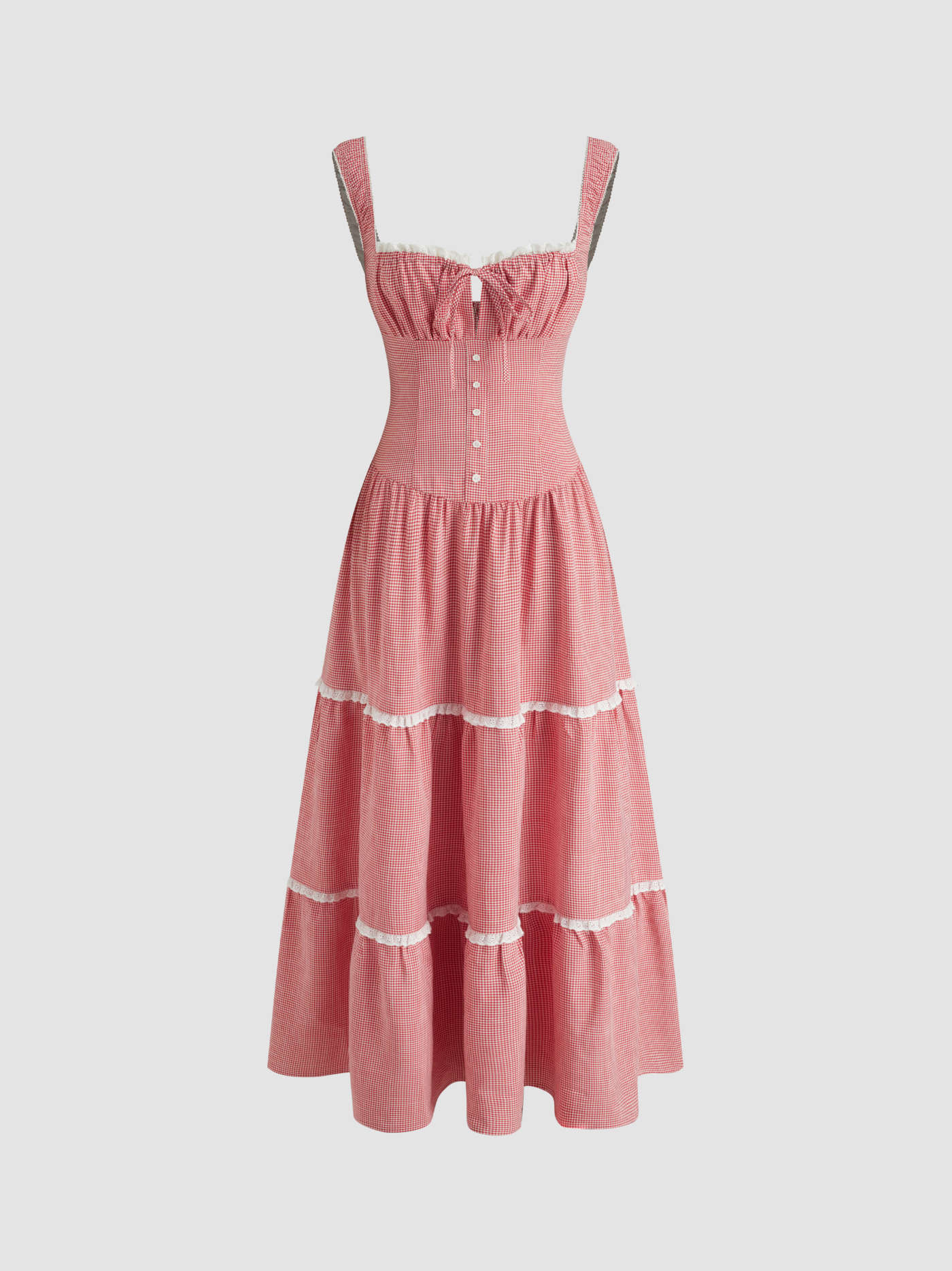 Sweetheart Gingham Bowknot Lace Trim Tiered Maxi Dress | Cider