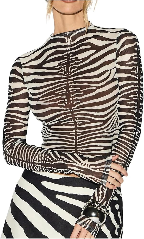 Milumia Women's Zebra Print Mesh Long Sleeve Top Mock Neck Fitted Going Out Crop Tops | Amazon (US)