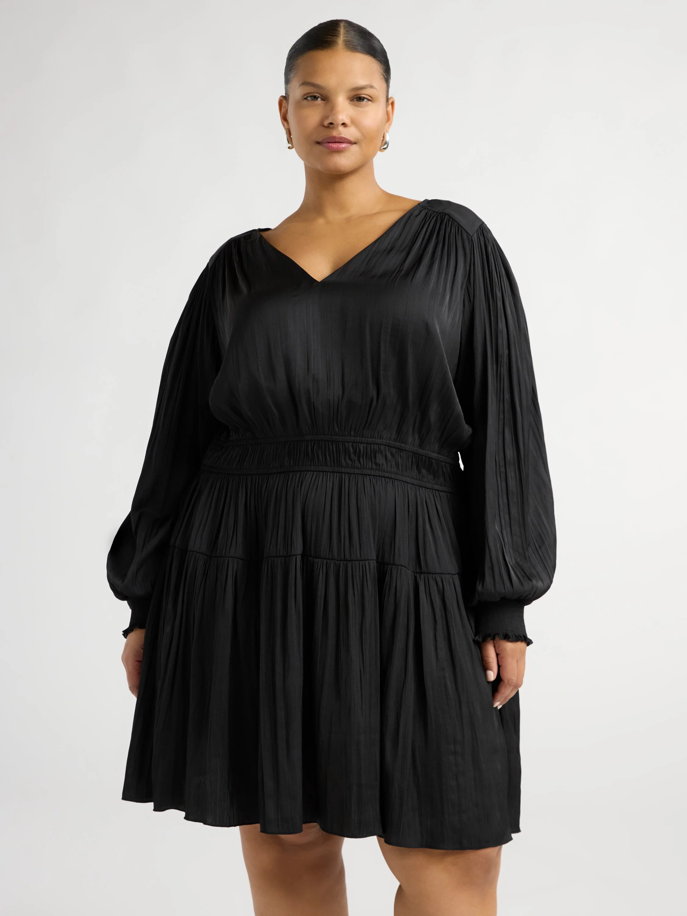 Scoop Women's and Women's Plus Crinkle Satin V-Neck Shirred Mini Dress with Long Sleeves, Sizes X... | Walmart (US)