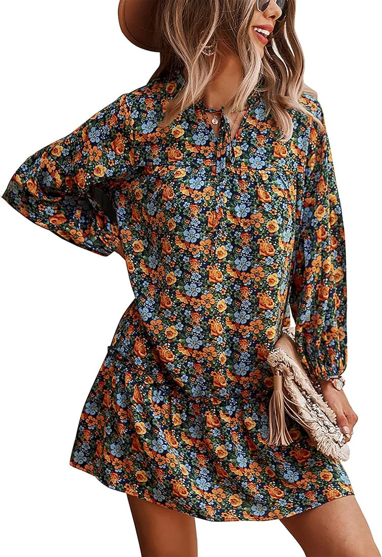 KIRUNDO Womens Fall Dresses 2023 Long Sleeve Tunic Ruffle Floral Print Boho Casual Loose Swing Mi... | Amazon (US)