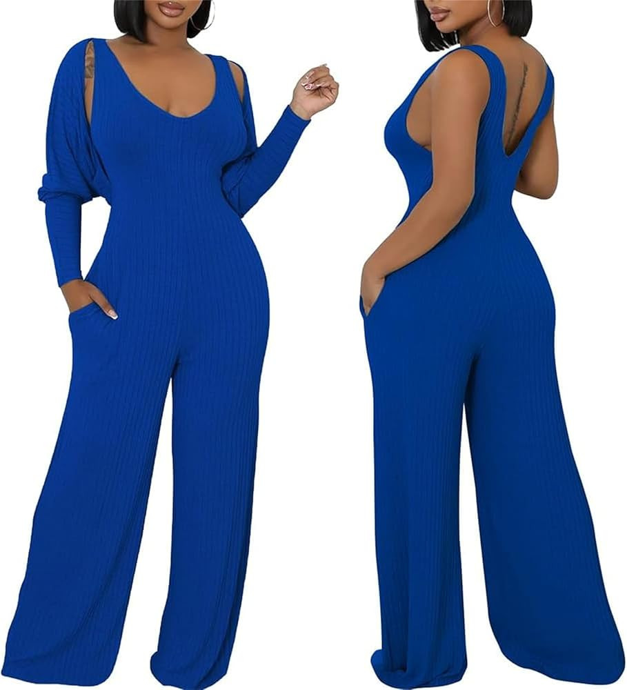 Women's Casual 2 Piece Outfits Ribbed Knitted Batwing Long Sleeve Cardigan Tank Wide Leg Jumpsuit... | Amazon (US)
