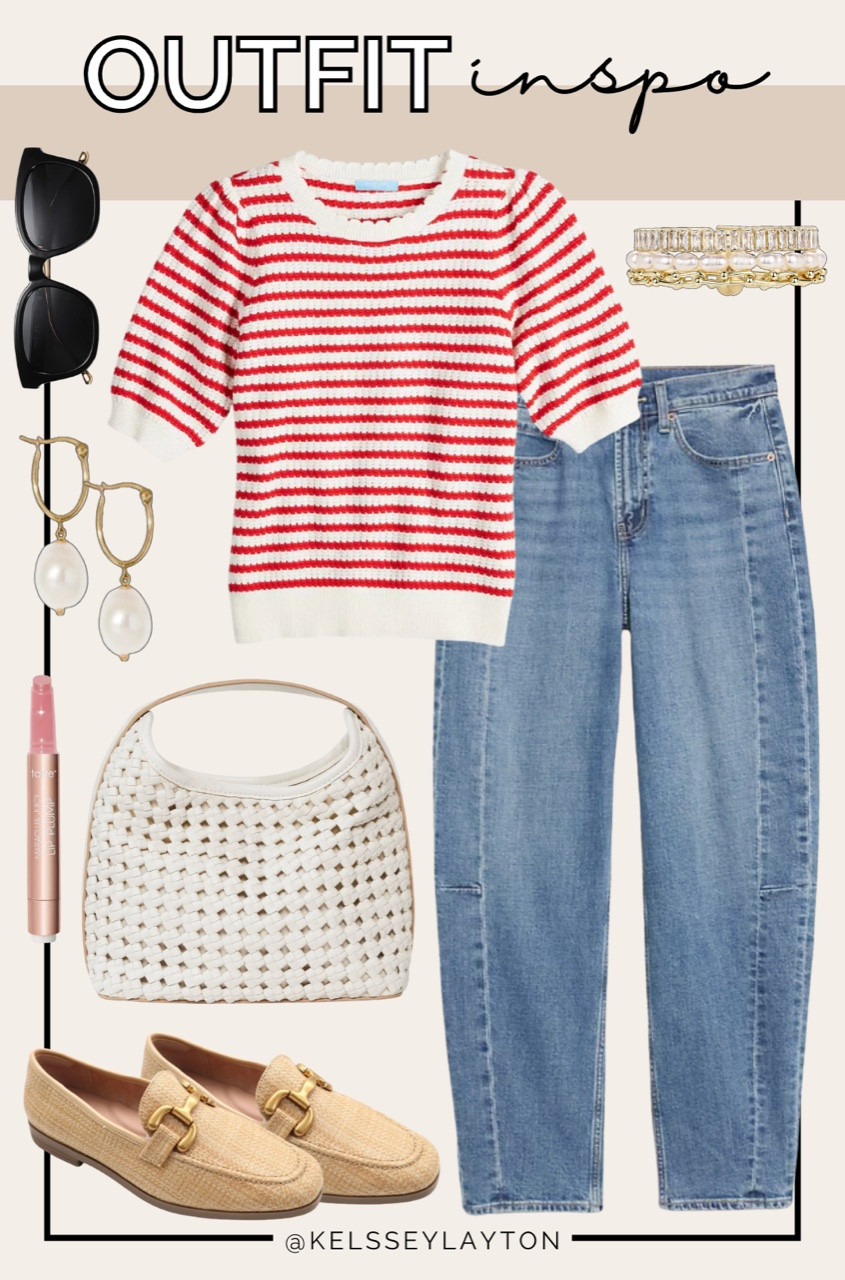 Outfit idea, red stripe sweater, barrel jeans 

#LTKSeasonal #LTKFindsUnder50 #LTKSaleAlert