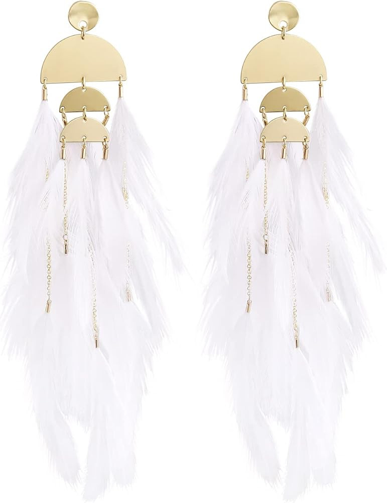 Bohemian Feather Dangle Earrings for Women with Shell Beads Long Tassel Design Drop Earrings | Amazon (US)