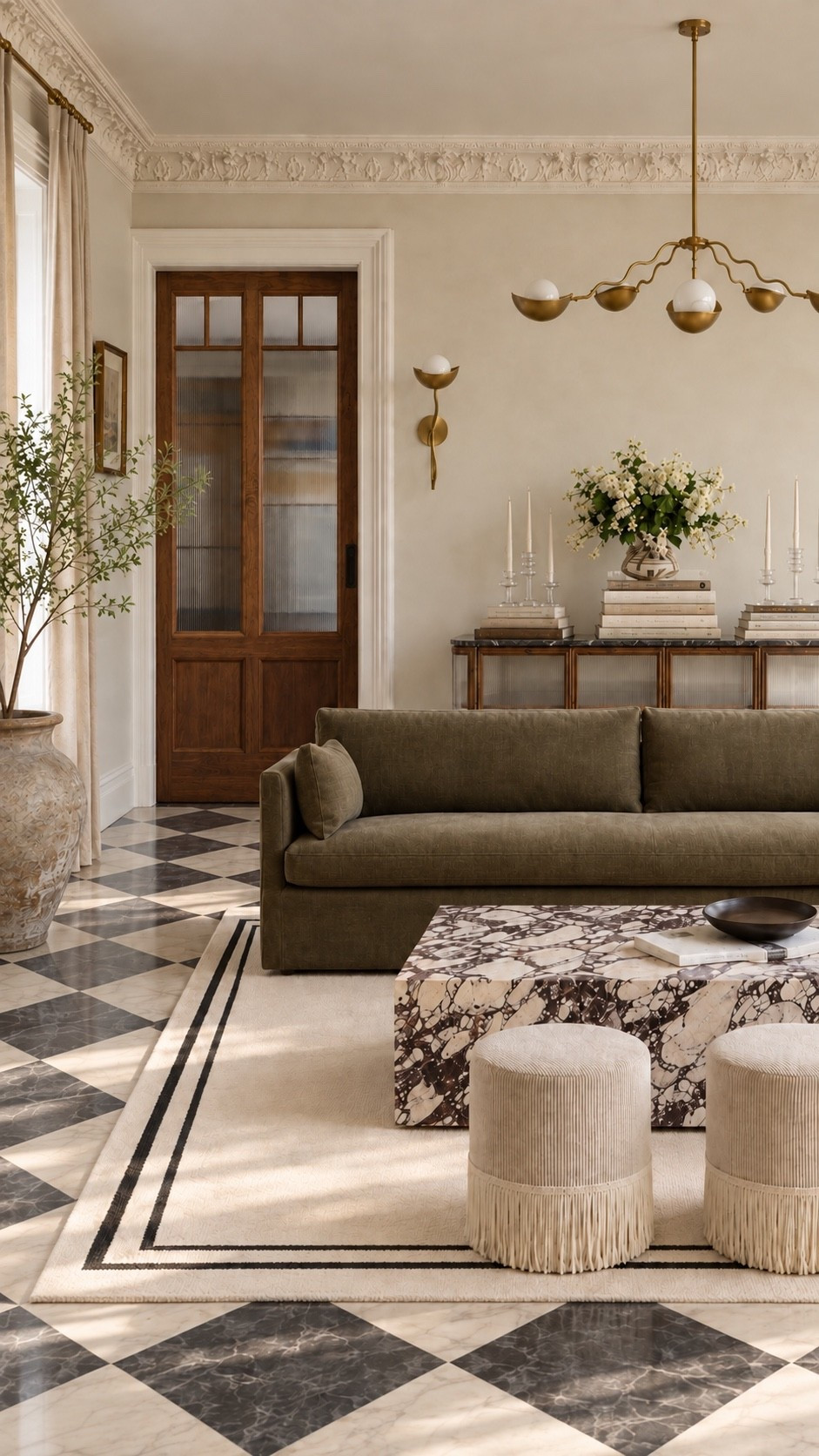 This living room design has me swooning!


floor mirror, green sofa, marble coffee table, checkerboard floor, crown moulding, Roman clay walls,

#LTKhome #LTKSeasonal #LTKVideo
