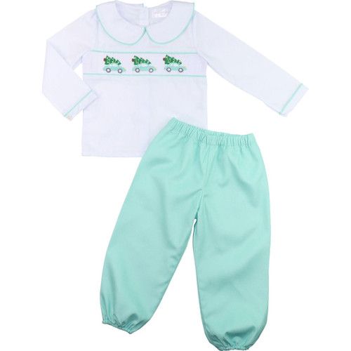 Mint Smocked Car And Tree Pant Set | Cecil and Lou