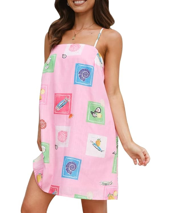 Women Boho Mini Cami Dress Graffiti Spaghetti Strap Aline Fruit Dress Cute Colofrul Short Beach S... | Amazon (US)