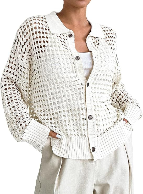 QWINEE Women's Crochet Cardigan Sweater Lightweight Cardigan Hollow Out Sweater Long Sleeve Butto... | Amazon (US)