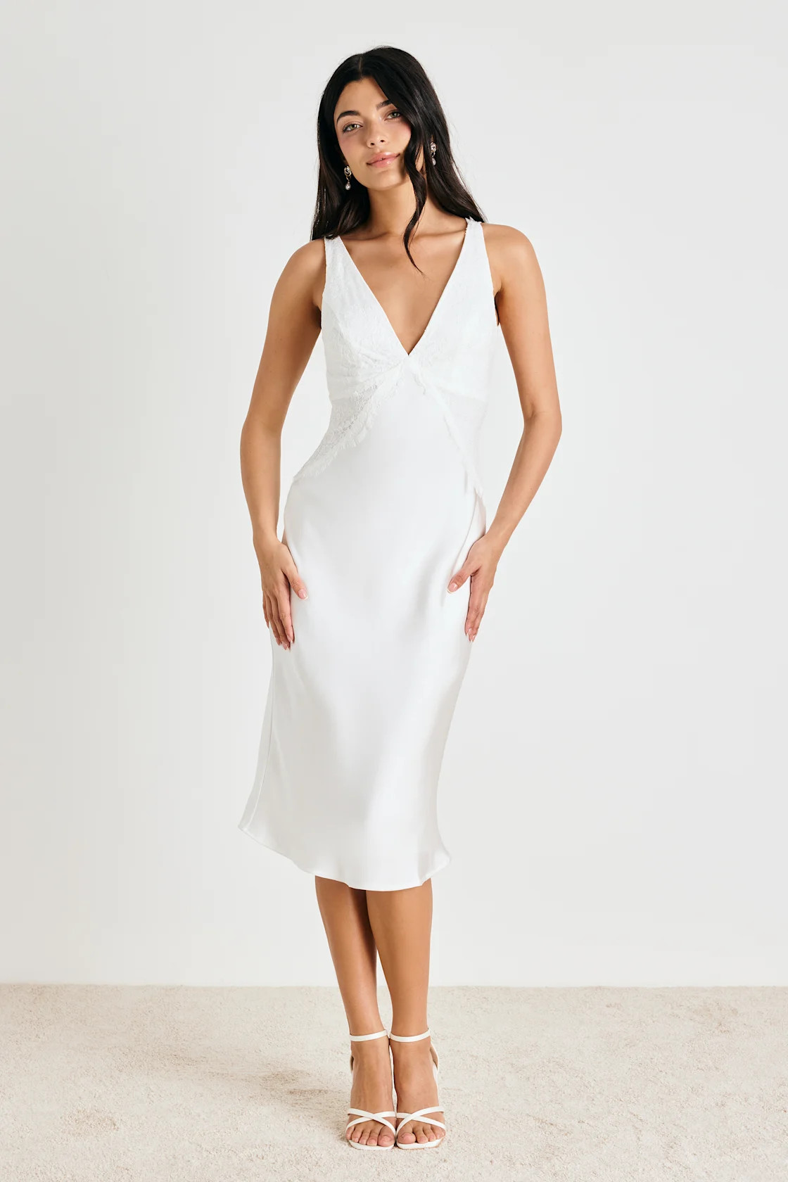 Deloise White Satin Lace Slip Midi Dress | Lulus