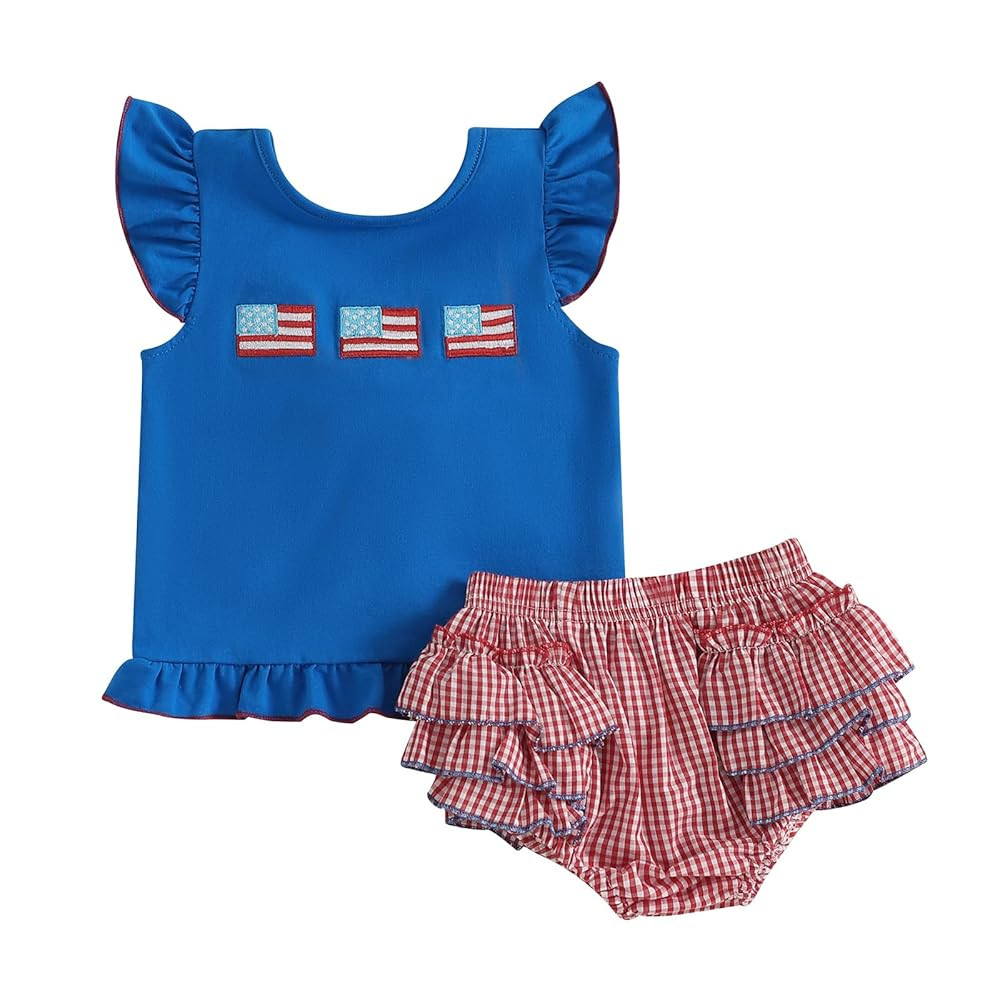 Newborn Baby Girl 4th of July Outfit Fly Sleeve Top Smocked Shorts 2Pcs Set Independence Infant G... | Amazon (US)