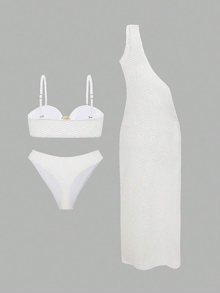 Swim Oasis 3Pcs/Set Solid Textured Fabric Metal Accent Knit Crop Top, High Cut Swim Shorts And Ho... | SHEIN