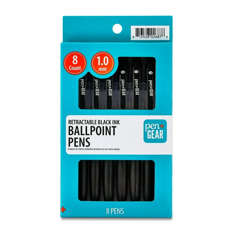 Pen+Gear Retractable Ballpoint Pens, Medium Point,1.0mm, Black Ink, 8 Count | Walmart (US)