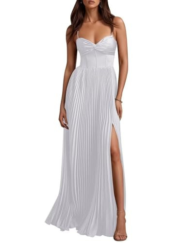 Spaghetti Straps White Bridesmaid Dresses Long for Women Flutter Pleated Slit Party Prom Dress for Formal Sweetheart Neck A Line Maxi Evening Gowns US2 | Amazon (US)