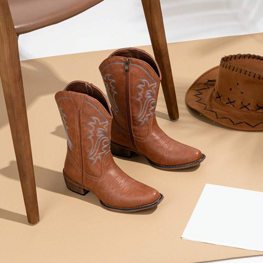 Women's 9806 Cowboy Boots | Western Cowgirl Mid Calf Embroidered Fashion Boots For Ladies Size Wi... | SHEIN