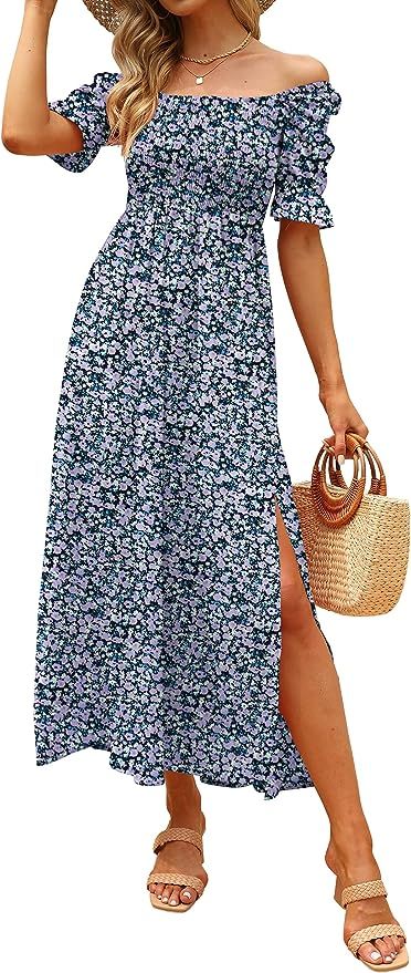 Zuimoaes Women's Summer Bohemian Floral Square Neck Short Sleeve Casual Smocked Split Vacation Be... | Amazon (US)