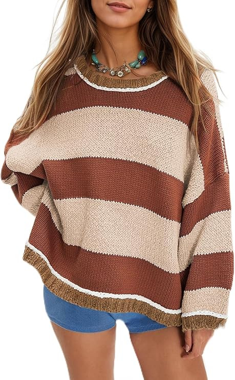 Women's Chunky Knit Striped Sweaters Casual Long Sleeve Crew Neck Oversized Pullover Sweater Wint... | Amazon (US)