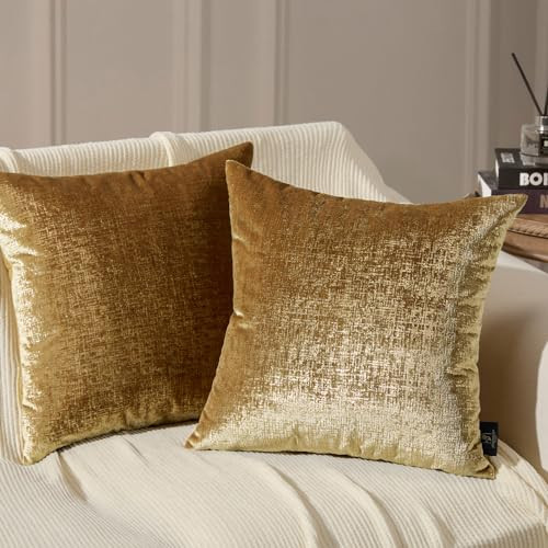 Phantoscope Pack of 2 Sparkling Velvet Decorative Solid Throw Decorative Pillow Cover Soft Gold Glitter Square Cushion Cover Pillowcase for Couch Bed and Chair, Gold, 18 x 18 inches, 45 x 45 cm | Amazon (US)