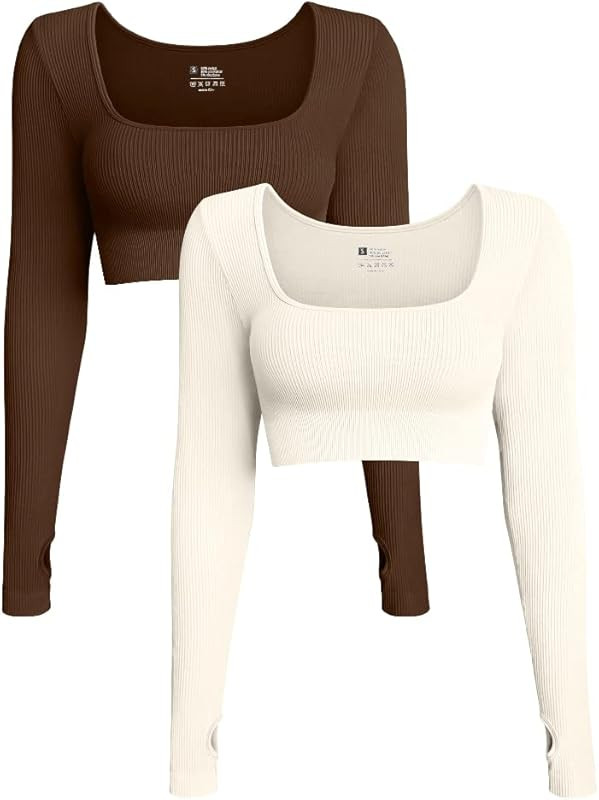 OQQ Women's 2 Piece Crop Top Ribbed Seamless Workout Exercise Long Sleeve Crop Tops | Amazon (US)