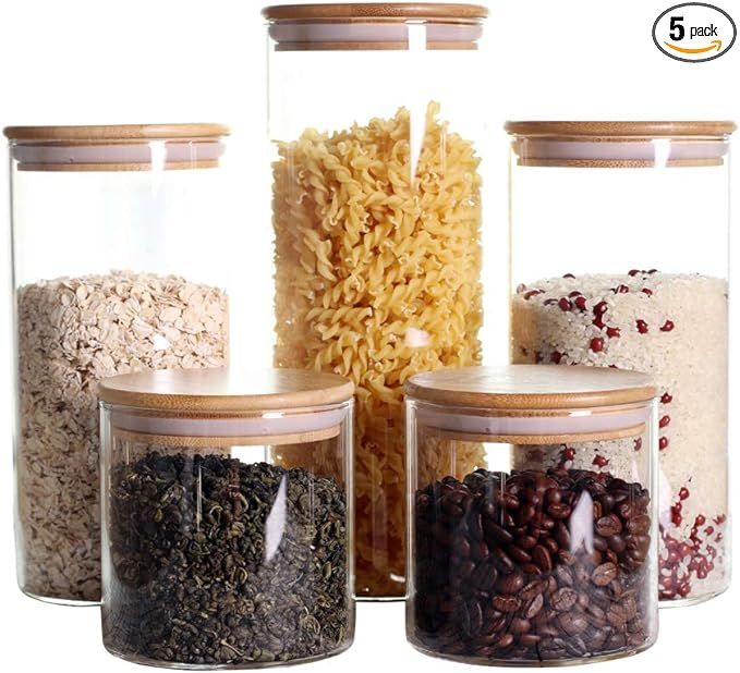 Stackable Kitchen Canisters Set, Pack of 5 Clear Glass Food Storage Jars Containers with Airtight Ba | Amazon (US)