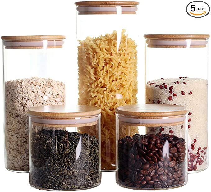 Stackable Kitchen Canisters Set, Pack of 5 Clear Glass Food Storage Jars Containers with Airtight... | Amazon (US)