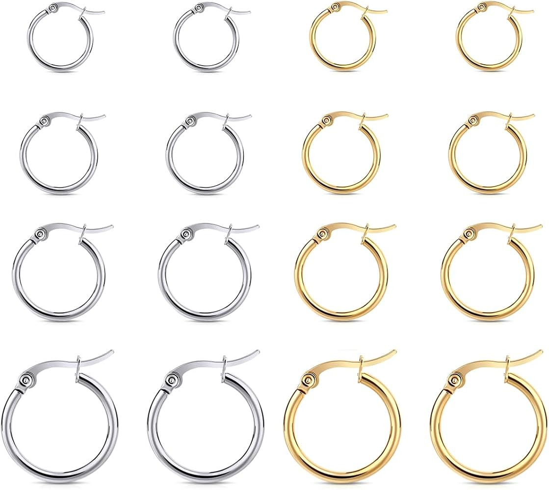 4 Pairs Gold Silver Hoop Earrings for Women Stainless Steel 14K Gold Plated Huggie Earrings Hypoa... | Amazon (US)