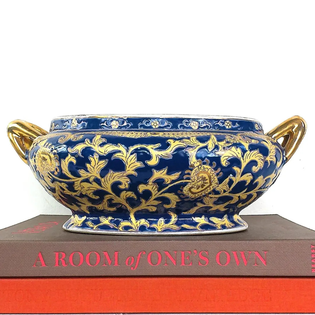 Vintage 12" Porcelain Chinoiserie Blue & Gold Jardiniere, Asian Planter, Grand Millennial Decor, ... | Etsy (US)