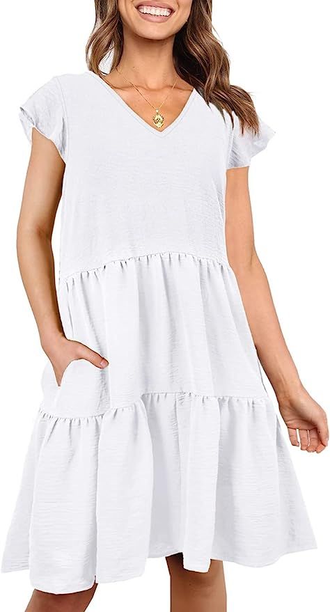 Jescakoo Womens Summer Dresses V Neck Tiered Dress with Pockets | Amazon (US)