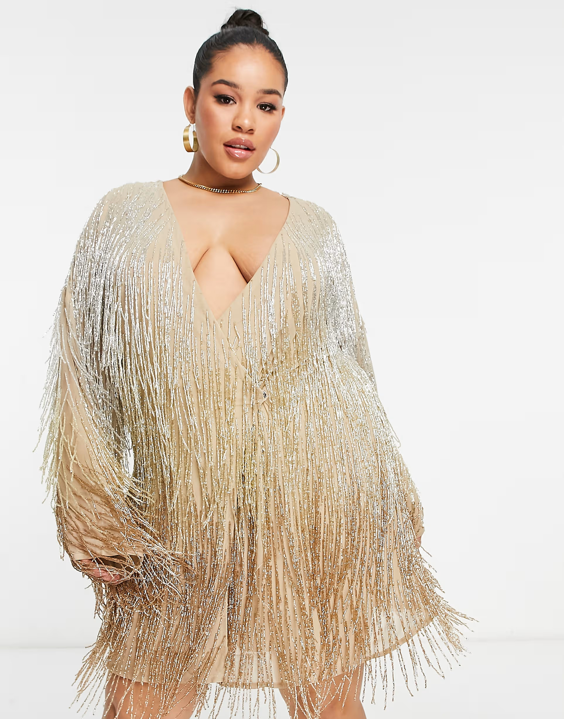 ASOS DESIGN Curve embellished plunge mini dress in ombre beaded fringe in taupe | ASOS (Global)