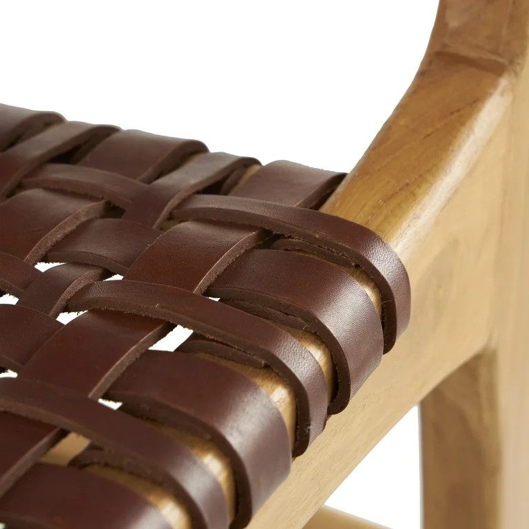 DecMode Leather Handmade Woven Lounge Chair with Teak Wood Frame, Dark Brown, Set of 2 | Walmart (US)