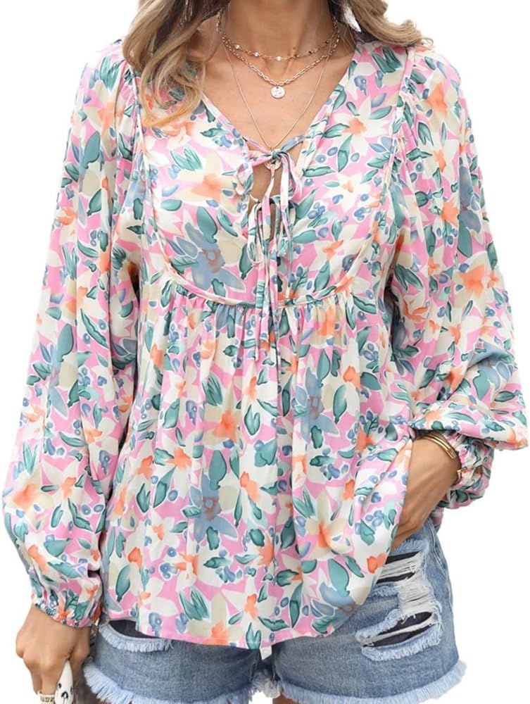 Spring Summer Tee for Women Floral Printed Shirt Tie Printed Loose Women's Shirt Female Blouse Tunics | Amazon (US)
