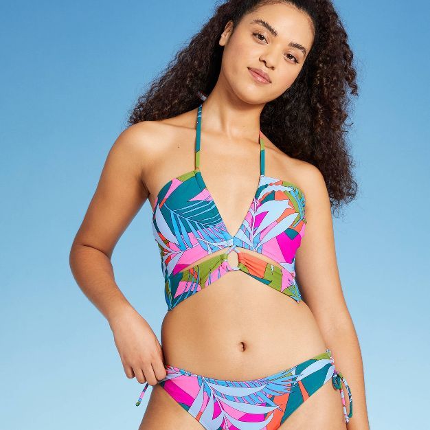 Juniors' Lace-Up Halter Longline Bandeau Bikini Top - Xhilaration™ Multi Tropical Print | Target