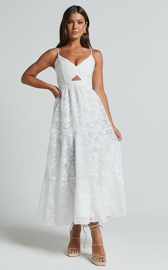 Jorie Midi Dress - Strappy Front Cut Out Tiered Skirt in White | Showpo (US, UK & Europe)