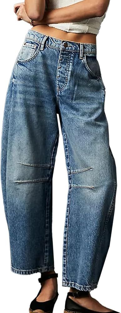 Women's Baggy Wide Leg Jeans Barrel Horseshoe Boyfriend Cropped Raw Hem Denim Pants Trendy Vintag... | Amazon (US)