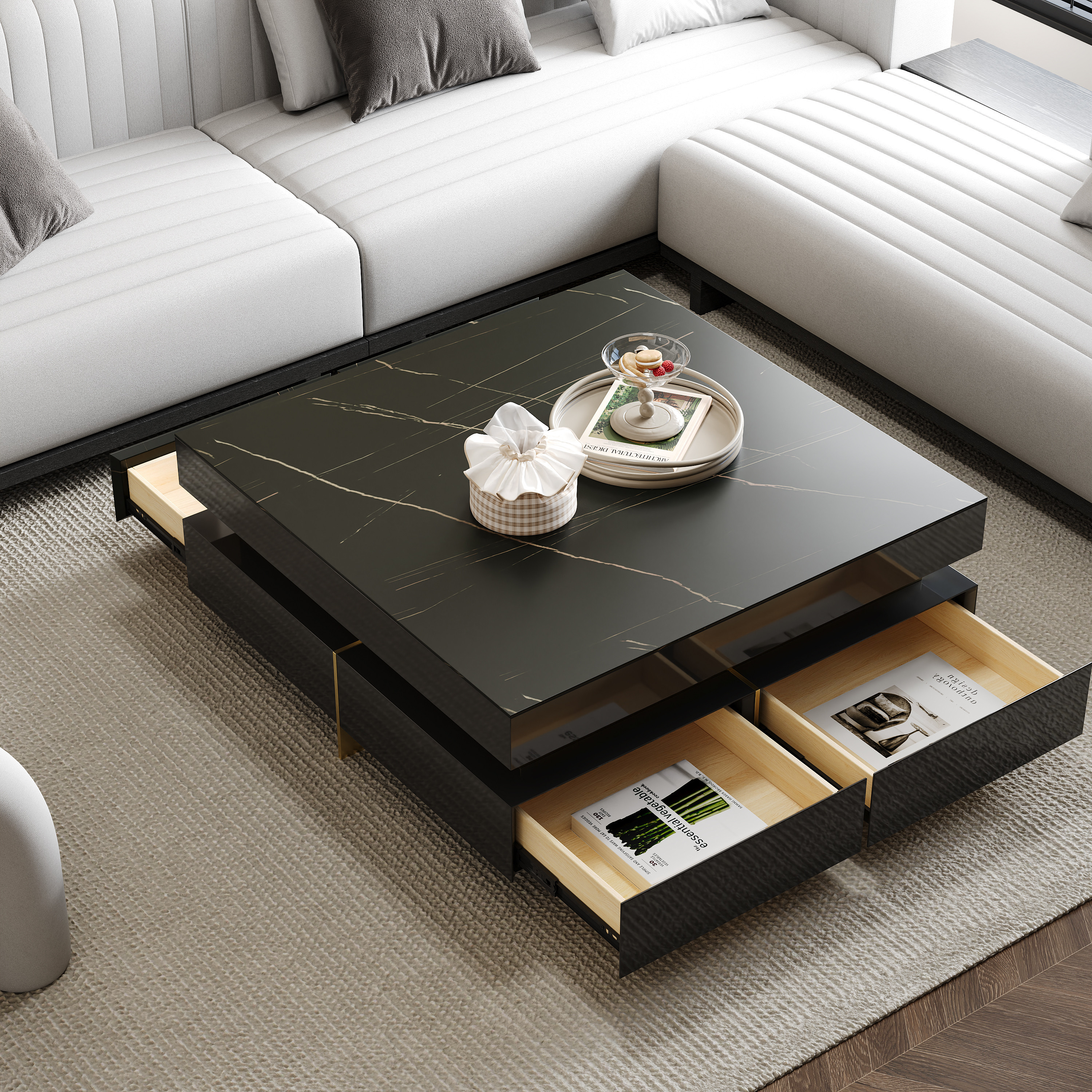 Black Modern Square Coffee Table with Drawers Sintered Stone Top & Metal Legs | Homary