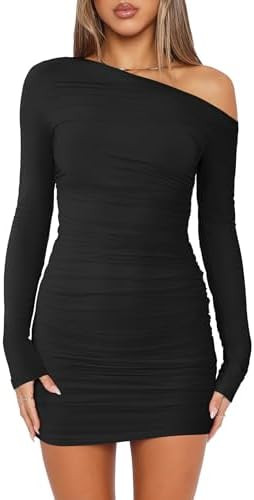 Prinbara Women's Mesh Long Sleeve Ruched Bodycon Off Shoulder Mini Dress 2025 Fall Sexy Cocktail ... | Amazon (US)
