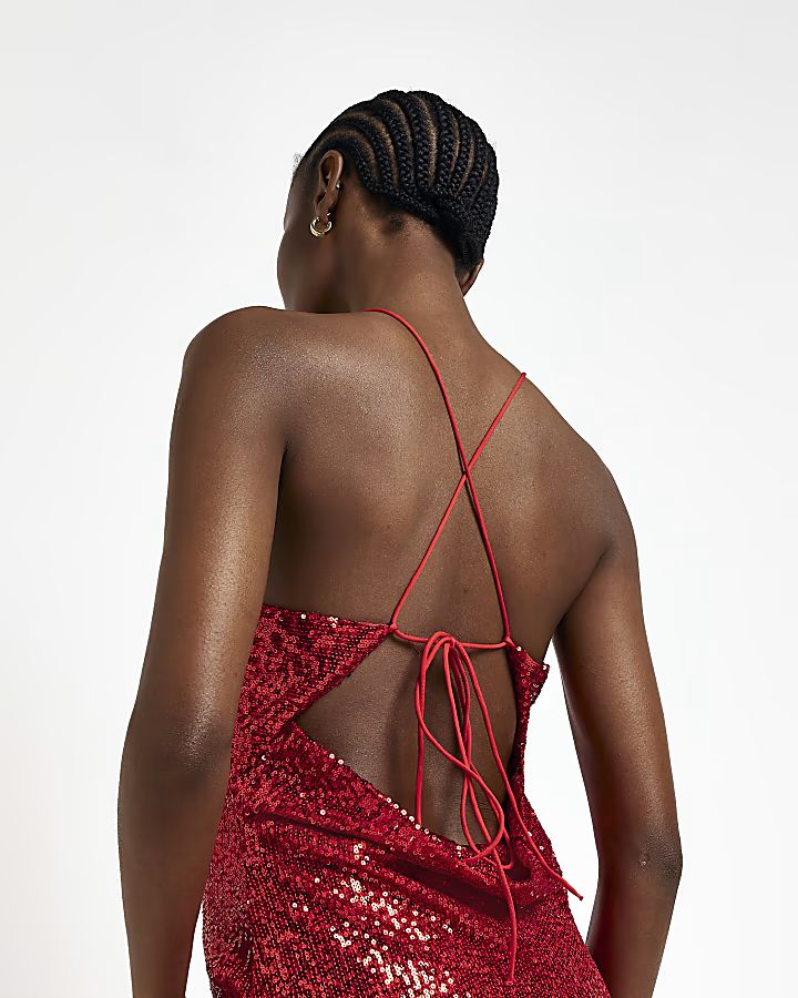 Red sequin halter neck slip midi dress | River Island (UK & IE)