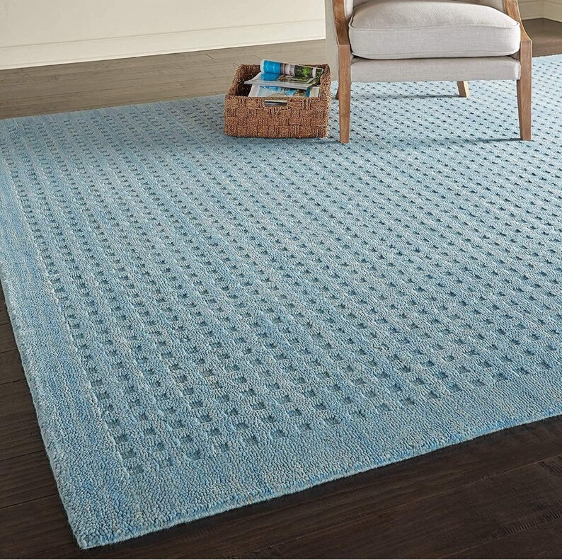 Teal Blue Texture Hand Tufted Wool Rug Luxury Area Rug for Floor Covering Bedroom Premium Wool Ca... | Etsy (US)