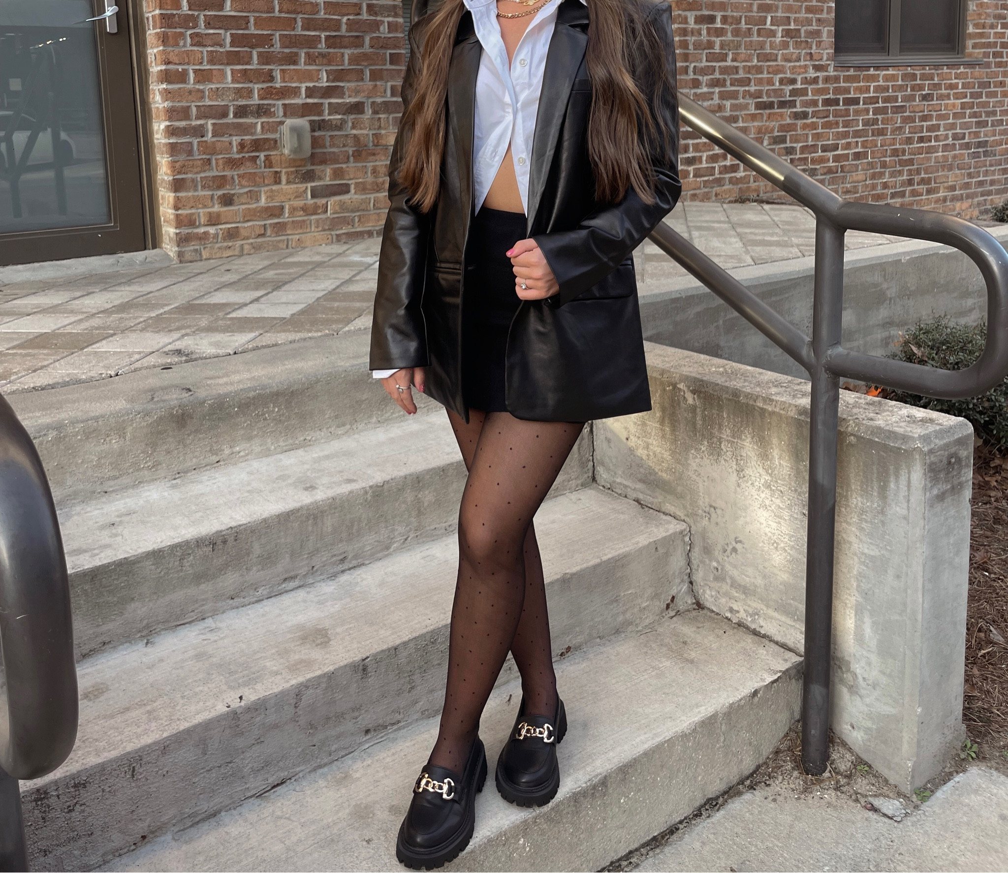 Pinterest girl outfit inspo 🖤 oversized faux leather blazer. Loafer outfit inspo. Oversized White button up  

#LTKunder100 #LTKunder50