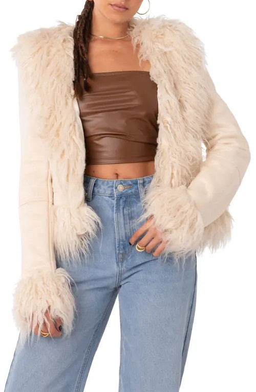 EDIKTED Faux Fur Trim Coat in Beige at Nordstrom, Size X-Small | Nordstrom
