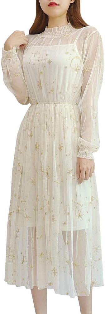 YOUMU Women Summer Chiffon Dress Stars Moon Print Embroidered Skirt Long Puff Sleeve Princess Dre... | Amazon (US)