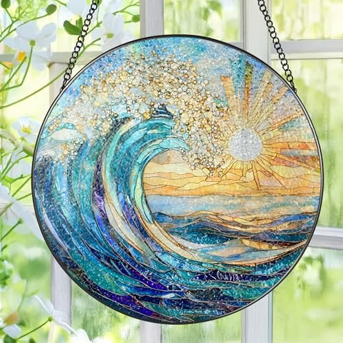 Sea Wave Stained Glass Suncatcher, 8 Inch Ocean Suncatchers for Window Hanging, Beach Lover Gifts... | Amazon (US)