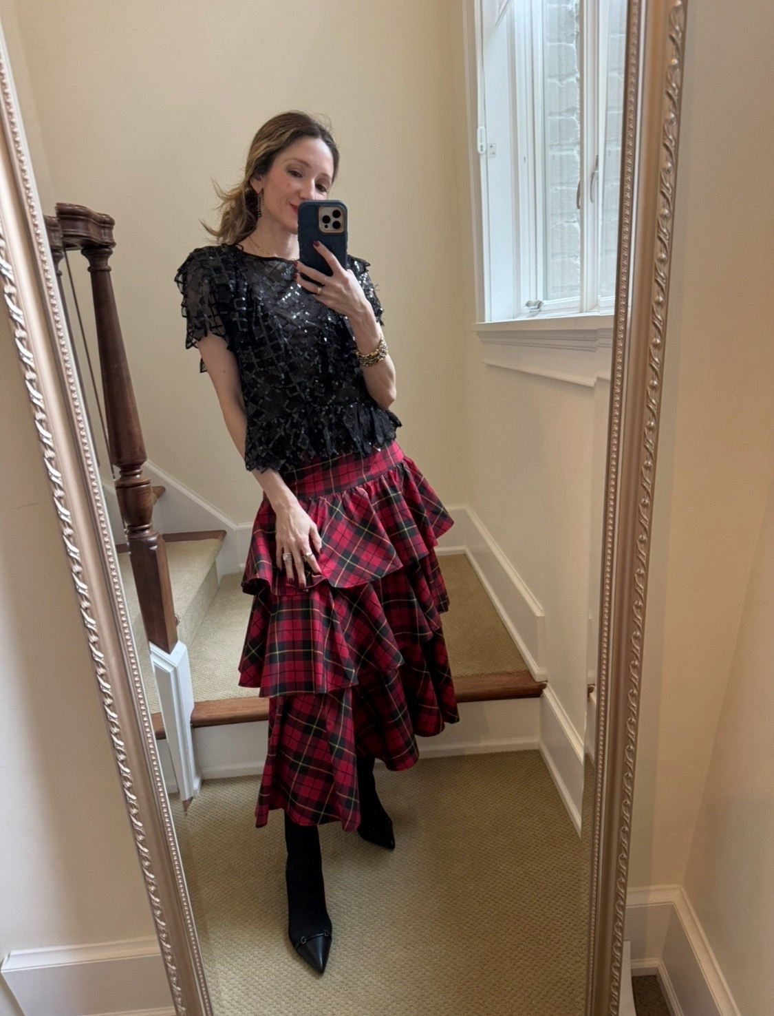 Plaid holiday outfit with tired skirt and sequins! TTS 

#LTKFindsUnder100 #LTKHoliday #LTKootd