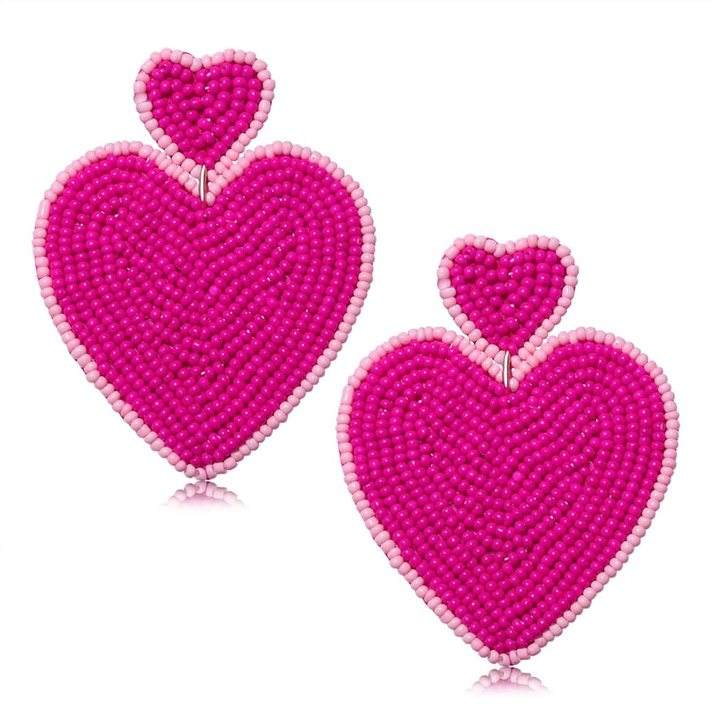 Heart Earrings for Women Hypoallergenic Beaded Statement Dangle Earrings Boho Handmade Red Love H... | Amazon (US)