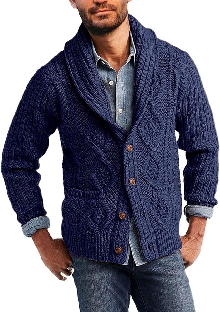 Mens Cable Knit Cardigan Sweater Button Shawl Collar Rib Edge Casual Cardigans | Amazon (US)