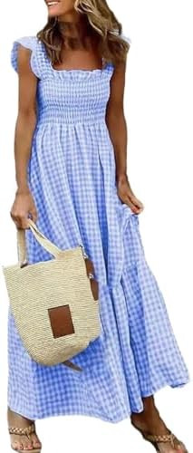 Women’s Retro Plaid Sleeveless Ruched Dress Thin Straps Ruffle Long Dress Classic Style | Amazon (US)