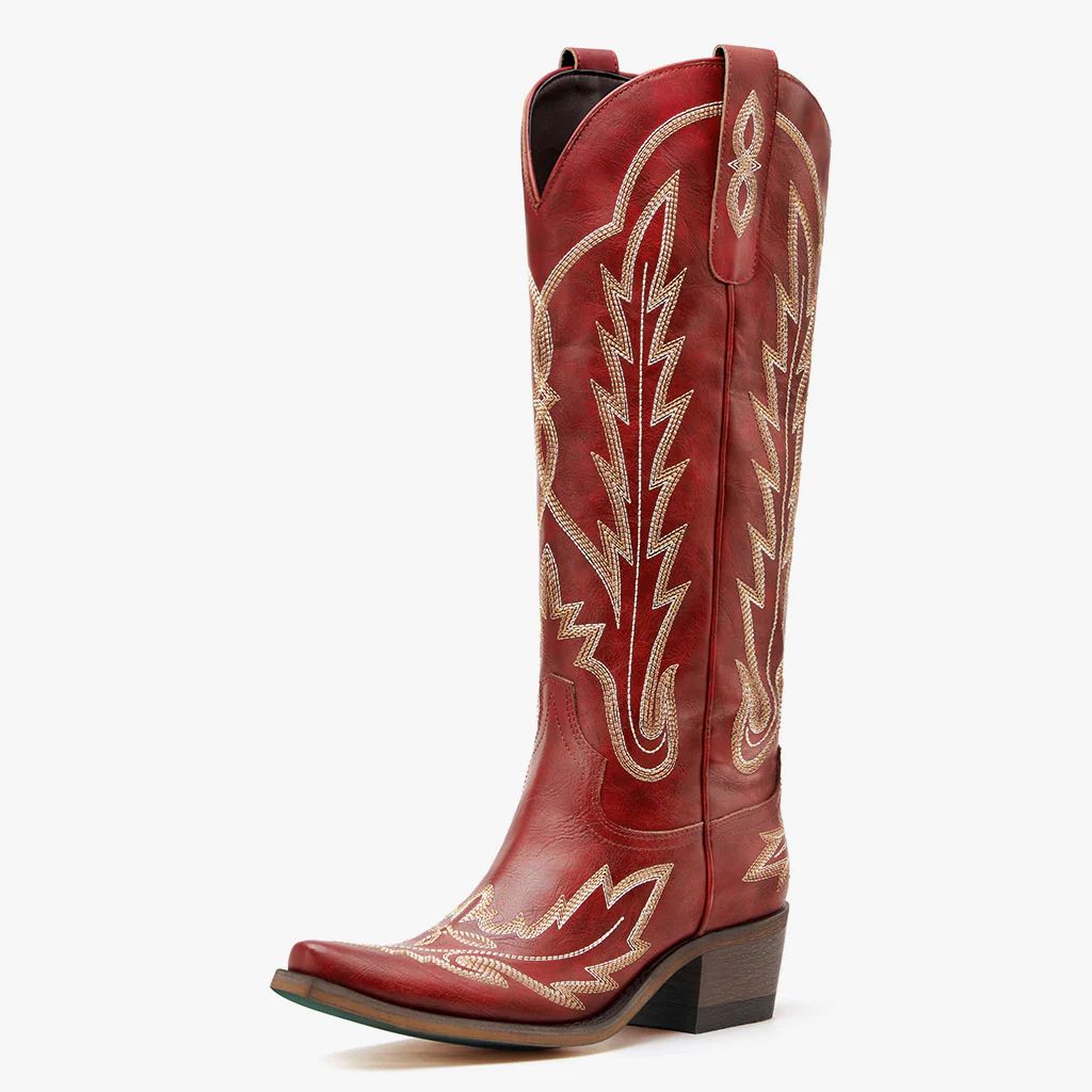 REDTOP Women's Western Cowgirl Boots Red Embroidered Vintage Boots | REDTOP