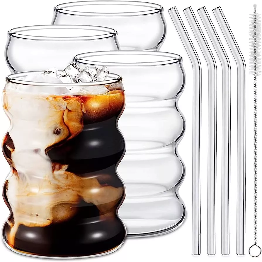 Combler Ribbed Glass Cups with Glass Straws, 16 oz Drinking Glasses, Iced Coffee Cup, Ribbed Glassware Set of 4, Aesthetic Cocktail Glasses, Thick