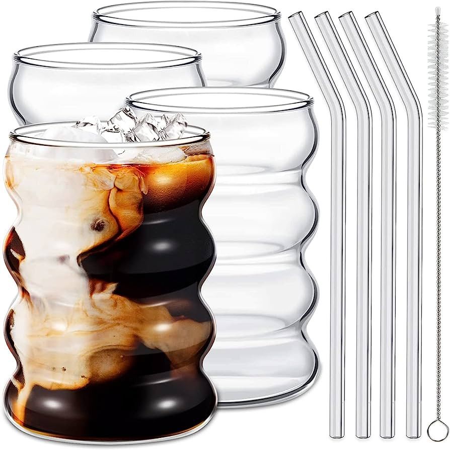 Ework4U 4 Pcs Drinking Glasses with Glass Straw 14oz Glassware Set,Cocktail Glasses,Iced Coffee G... | Amazon (US)