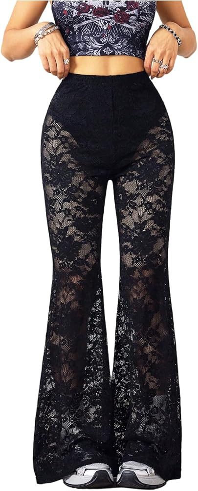 GORGLITTER Women's Lace Bell Bottom Pants Mesh Flare Leg High Waisted Sheer Sexy Goth Leggings Tr... | Amazon (US)