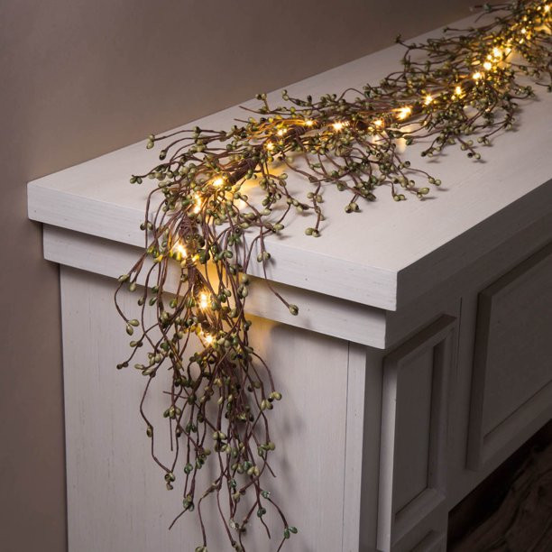 Pip Berry Garland with Small Fairy Lights - 6 Ft Lighted Grapevine with Emerald Green Berries, 10... | Walmart (US)