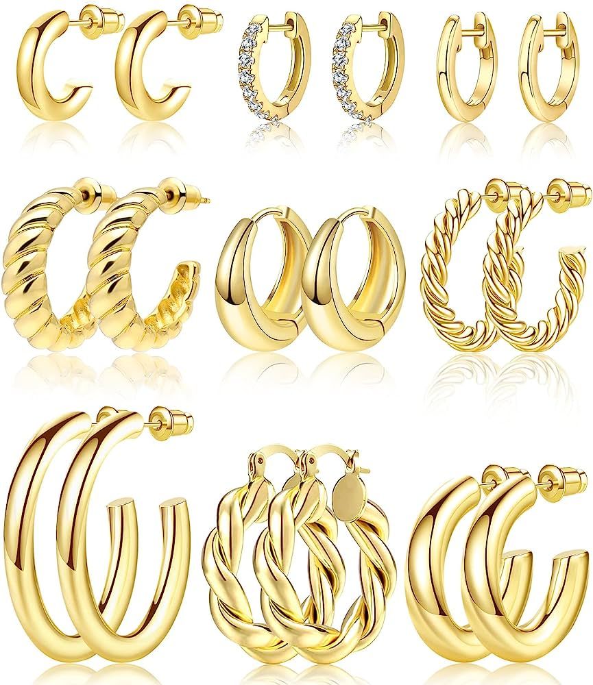 Adoyi 9 Pairs Gold Hoop Earrings Set for Women Gold Twisted Huggie Hoops Earrings 14K 18K Gold Pl... | Amazon (US)